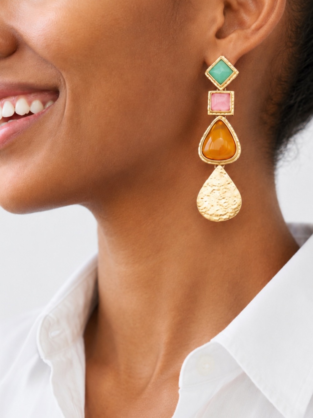 New! Boho Colorful Gold Geometric Gemstone Drop Earrings NWOT 1050